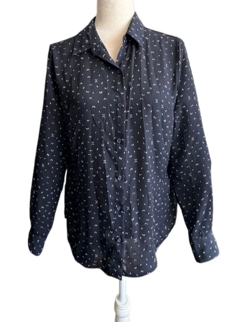 Banana Republic Blue Button-Front Blouse with White Micro Print SZ S